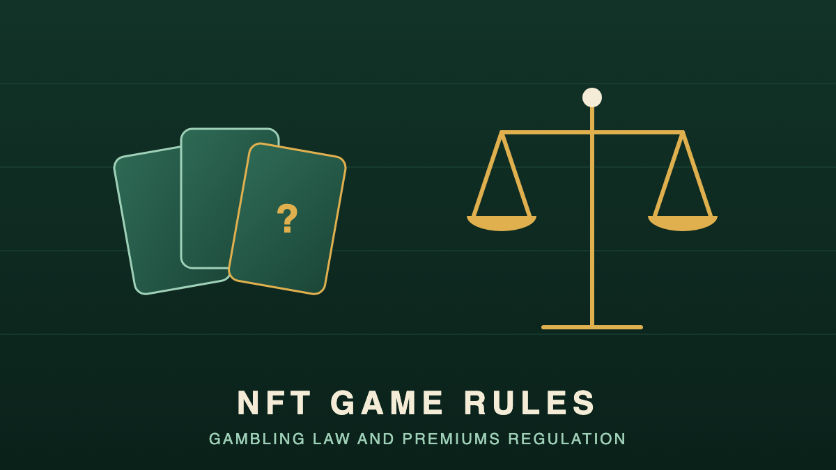 On a deep green background, a gold balance scale and three rounded rectangles standing for game cards, with the words NFT GAME RULES underneath