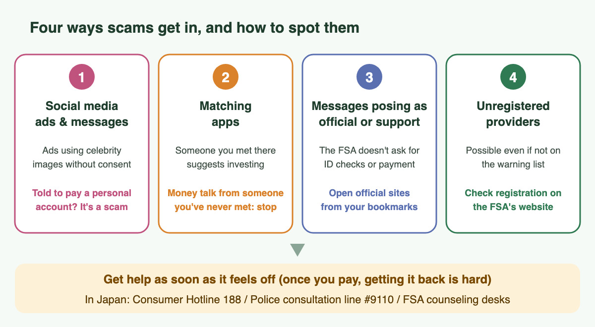Diagram of four ways scams get in, and how to spot them. 1 Social media ads and messages (ads using celebrities' images without permission; if you're told to pay into a personal account, it's a scam). 2 Matching apps (someone you met there suggests investing; stop when money comes up with someone you've never met). 3 Messages posing as official or support (the FSA doesn't ask for identity checks or payment; open official sites from your bookmarks). 4 Unregistered providers (they can exist even if they're not on the warning list; check registration on the FSA's website). Get help as soon as something feels off (once you've paid, getting your money back is hard). In Japan: Consumer Hotline 188, police consultation line #9110, FSA counseling desks.