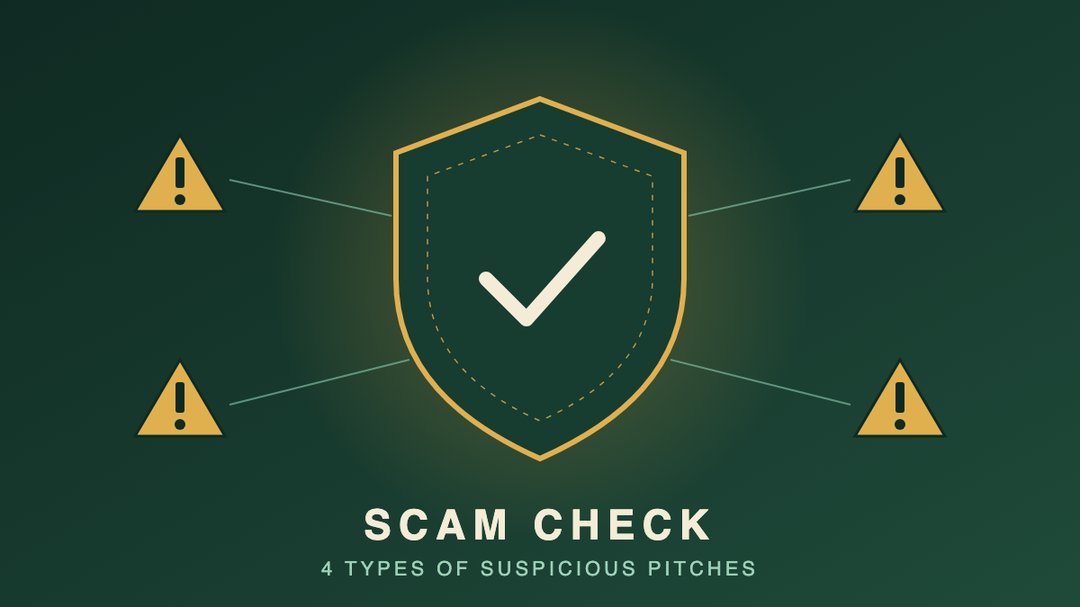 Artwork on a deep green background: a gold-outlined shield with a check mark, four warning triangles around it, and the words SCAM CHECK below