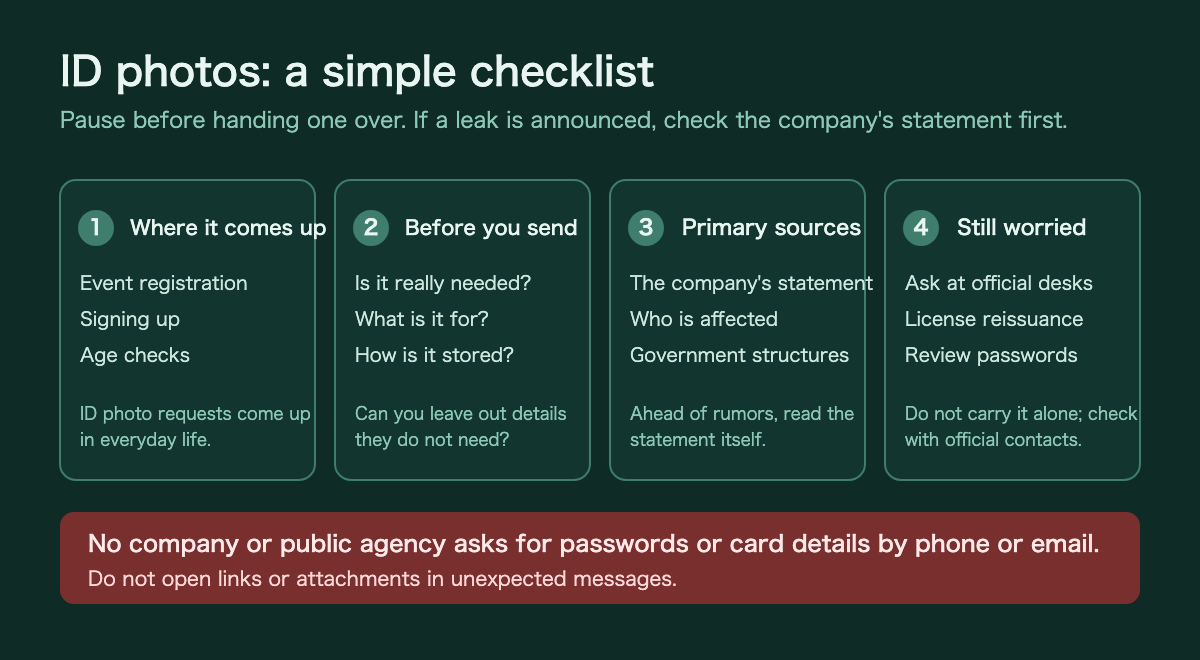 How to handle ID photos. 1 Situations where you hand one over (event registration, signing up for a service, age checks). 2 Check before you hand it over (Is it really needed? What is it for? How is it stored?). 3 Look at primary sources (the company's announcement, the scope of affected accounts, government structures). 4 If you are still worried (ask at official desks, driver's license reissuance, review your passwords). No company or public agency asks for passwords or card details by phone or email.