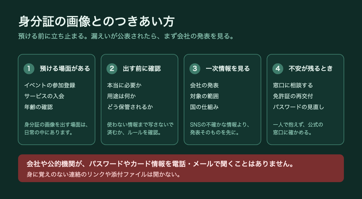 身分証の画像とのつきあい方の流れ。1 預ける場面がある（イベント登録・入会・年齢確認）。2 出す前に確認（本当に必要か、用途は何か、どう保管されるか）。3 一次情報を見る（会社の発表、対象の範囲、国の仕組み）。4 不安が残るとき（窓口に相談、免許証の再交付、パスワードの見直し）。会社や公的機関が、パスワードやカード情報を電話・メールで聞くことはありません。