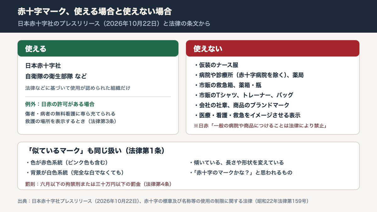 赤十字マークを使える場合と使えない場合の図。使えるのは日本赤十字社と自衛隊の衛生部隊など、法律などに基づいて認められた組織。使えないのは仮装のナース服、赤十字病院を除く病院や診療所、薬局、市販の救急箱や薬箱、市販のTシャツやバッグなど。似ているマークは、十字の色が赤色系統、背景が白色系統、十字が傾いている、長さや形状を変えている、赤十字のマークかなと思われるもの。